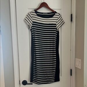 Loveappella Maternity Black and White Striped Short Sleeve Midi Dress